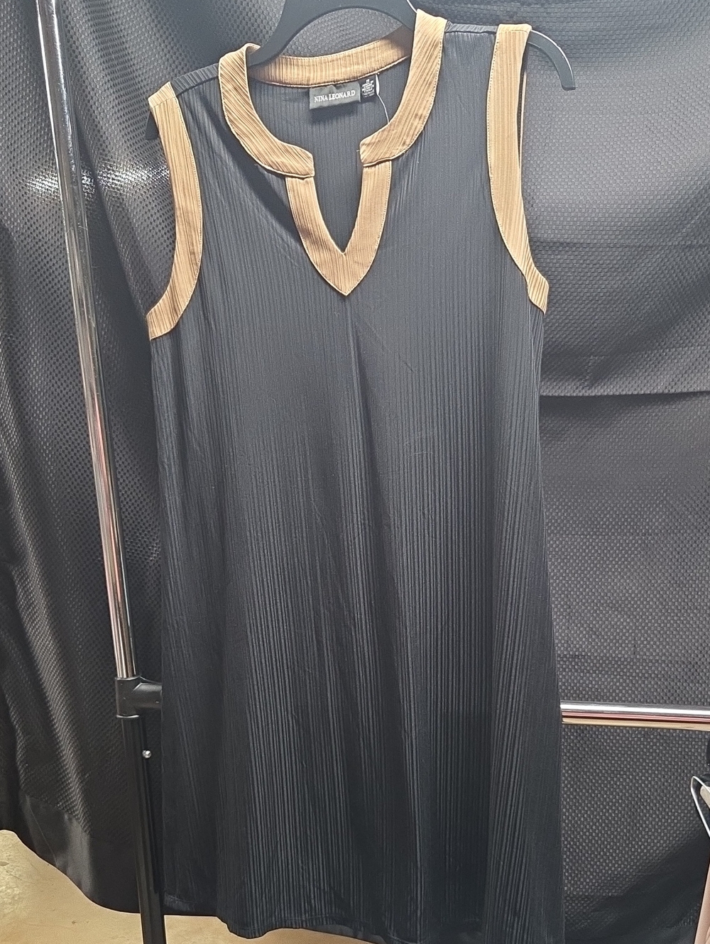 Nina Leonard Black Midi Dress with Tan Trim